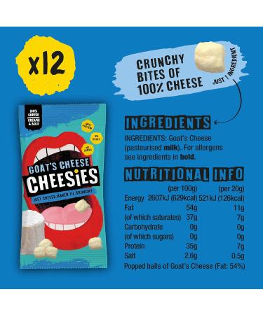 CHEESIES Goat's Cheese Snack | Crunchy Keto Friendly | 100% Cheese | Sugar Free Gluten Free | High Protein Vegetarian | 12 x 20g Bags - Buy Online on GoSupps.com