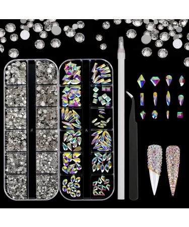 AARDWO 2568 Pcs Rhinestones Nail Gems Face Gems Makeup Gems Clear Rhinestones Set Multi Shapes Crystal for Nails Shoes Clothes Bags Crafts Decoration with Picker Pencil and Tweezers 120AMultiShape+2448Clear