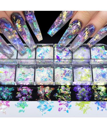 12 Colors Holographic Nail Art Glitter Sequins Iridescent Ice Slag Nail Glitter Flakes Irregular Mermaid Nail Sequins Colorful Fluorescent Glass Paper Nail Decoration for Face Hand Body Make-up DIY A4