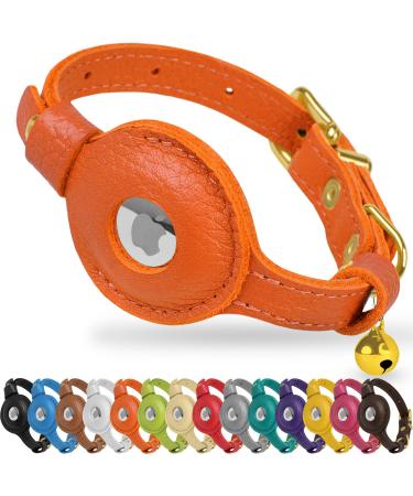 Oopsdoggy Airtag cat collar made of leather with bells not tearable with Apple Airtag holder light GPS pet collar for girls boys cats small dogs puppies (orange)