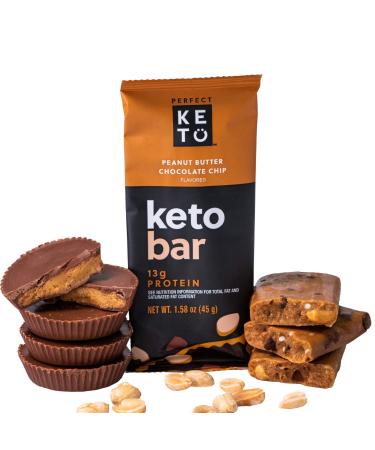 Perfect Keto Bars | Cleanest Keto Snacks with Collagen and MCT. No Added Sugar, Keto Diet Friendly - 3g Net Carbs, 17g Fat, 13g Protein - Keto Diet Food Dessert (Peanut Butter Choc Chip) 12 Count (Pack of 1) Peanut Butter …