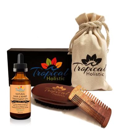 Natural Beard Grooming Kit for Men 3-in-1 Set Boar Bristle Brush Handmade Wood Comb 100% Pure Unscented Hair Treatment Oil 2 oz Travel Bag