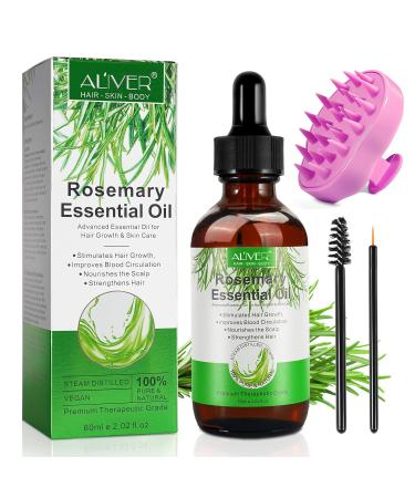 Organic Rosemary Oil for Hair Growth 2.02 Fl Oz with Scalp Massager, Pure Rosemary Essential Oil for Eyelashs, Eyebrows, Face, Skin Care, Body Massage, Nourishes The Scalp, Improve Blood Circulation