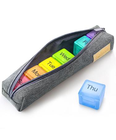 Weekly Pill Organizer Once a Day, PULIV Small Daily Pill Box 7 Day with Portable Privacy Protection Canvas Bag Case and Smooth Zipper for Storing Vitamins, Medicine, Fish Oils, Supplements (Grey)