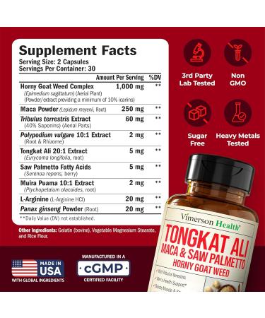 HornyGoatWeed for Men (1000mg per Serving) Male Enhancing Supplement w/ Maca Root Tongkat Ali Saw Palmetto Panax Ginseng Tribulus Terrestris & L-Arginine for Energy Drive & Strength 60 Count 60 Count (Pack of 1) - Buy Online on GoSupps.com