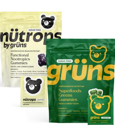 Gruns Superfood Green + New N trops Gummy Bear Sugar-Free Bundle, Nutritional Supplement 2-Pack, multivitamin + prebiotics + Greens + Nootropic Mushroom Herbal Supplement to Support Mood and Focus