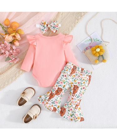 UUAISSO Baby Girls Cow Print Ruffled Long Sleeve Tops & Pants Set | 6-9 Months | Pink Floral | Infant Clothing Outfit - Buy Online on GoSupps.com
