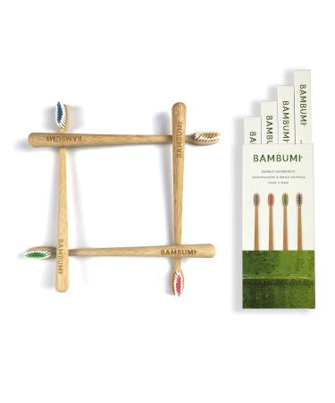 Bambumi bamboo toothbrushes environmentally friendly wood toothbrushes - BPA free sustainable products biodegradable manual toothbrushes (4 -Set red/green/blue/bamboo)