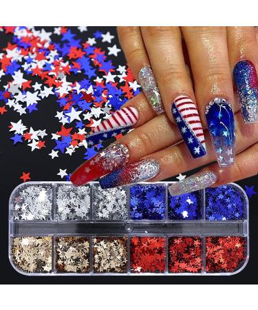 4th of July Stars Nail Sequins for Nail Art Glitter Independence Day Nail Glitters Flakes Colorful Confetti Sparkly for America Patriotic Nail Stickers Holographic Laser Acrylic Supplies Accessories