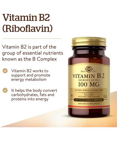 Solgar Vitamin B2 (Riboflavin) 100mg - 100 Vegetable Capsules for Energy Metabolism & Healthy Nervous System | Non-GMO, Vegan, Gluten-Free, Dairy-Free, Kosher, Halal | 100 Servings - Buy Online on GoSupps.com