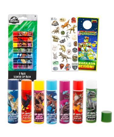 Jurassic World Lip Balm Tube Bundle for Kids 7 Pack of Dinosaur Lip Balm in Assorted Flavors Plus Stickers More | Jurassic World Party Favors for Kids Boys Girls