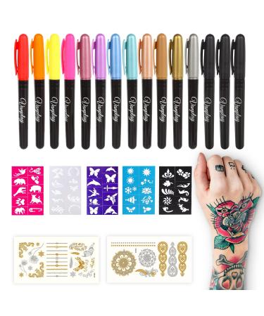 Temporary Tattoo Pen Removable Tattoo Markers Multi-coloured Tattoo Kit Face Paint with 15 Tattoo Pens 5 Tattoo Stencils and 2 Tattoos Stickers Gifts for Teenage Girls Boys Adults Christmas Gifts