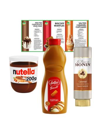 Go2 Groceries Bundle Flavoured Dessert Sauces Biscoff Biscuit Topping (1 kg) La Sauce De Monin Caramel (500 ml) Nutella Chocolate Hazelnut Spread (200 g) with Recipe Cards Sauces Biscoff Biscuit Topping La Sauce De Monin Caramel & Nutella