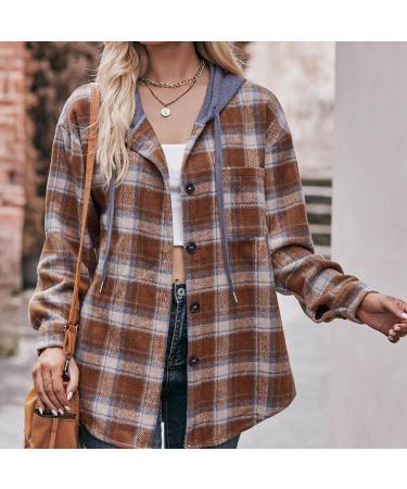 Plaid Hooded Shacket Womens Long Sleeve Plaid Hooded Shirts Flannel Button Down Shacket Drawstring Plaid Jacket Brown#56 Small - Buy Online on GoSupps.com