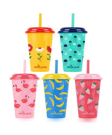 Reduce GoGo's 12 oz Cup Set  5 Pack   Plastic Cups with Straws and Lids   Dishwasher Safe  BPA Free   5 Fun Designs  Strawberry Banana 5 Count (Pack of 1) Strawberry Banana