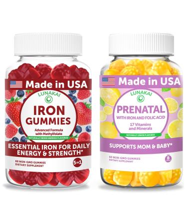 Lunakai USA Made Iron Gummies + Prenatal Gummies Bundle Naturally Flavored Non-GMO 60ct Each