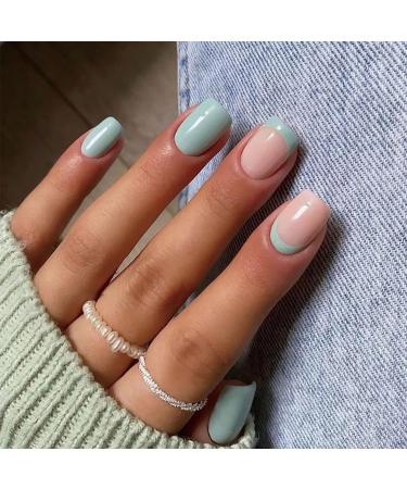 Press on Nails Short Square Summer French Tip Fake Nails Mint Green Full Cover False Nails with Designs Glossy False Nails with Nail Glue Artificial Acrylic Nails for Women Girls 24 Pcs Short Square Style10