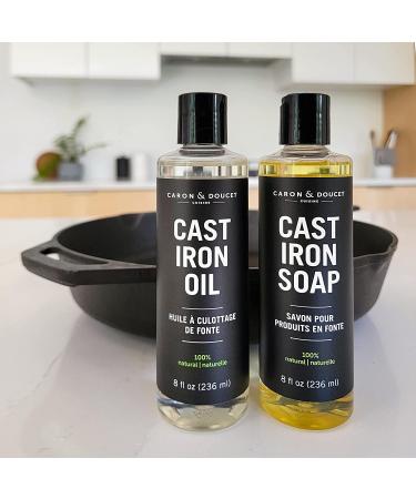 CARON & DOUCET Cast Iron Cleaning & Conditioning Set - Seasoning Oil & Cleaning Soap (8 oz each) | 100% Plant-Based for Washing, Restoring & Seasoning Skillets, Pans, & Grills - Buy Online on GoSupps.com