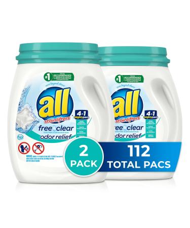 All Mighty Pacs Laundry Detergent Free Clear Odor Relief Tub 56 Count (Pack of 2) 112 Total Loads