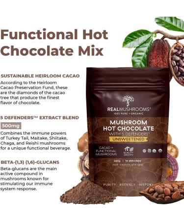Organic 5 Defenders Mushroom Hot Chocolate Mix - Unsweetened, Gluten-Free, Vegan - 15 Servings - Buy Online on GoSupps.com