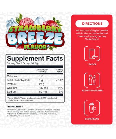 Hydrolyzed Clear Beef Isolate Protein Powder 27g Protein 9 Essential Amino Acids Gluten-Free Fat-Free Sugar-Free Dairy-Free Lactose-Free Supports Muscle Protein Synthesis Strawberry Breeze 2.02 Pound (Pack of 1) - Buy Online on GoSupps.com