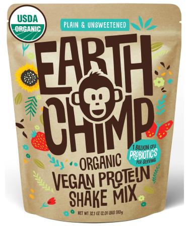 EarthChimp Organic Vegan Protein Powder - with Probiotics - Non GMO Dairy Free Non Whey Plant Based Protein Powder for Women and Men Gluten Free - 26 Servings 32 Oz (Plain & Unsweetened) Plain & Unsweetened 26 Servings