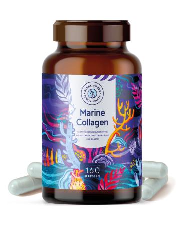 Marine Collagen with Hyaluronic Acid Capsules - 160 Capsules - Marine Collagen Hydrolysate & Marine Elastin with Hyaluronic Acid & Spirulina - also suitable for pescetarians - Alpha Foods