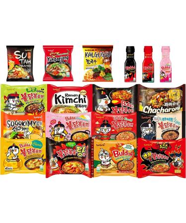 CNMART Samyang Hot Chicken Buldak Ramen HALAL/Pack of 10 Instant Noodles + 1 Free Bottle Samyang Sauce - Assorted 10 Different Flavours Case