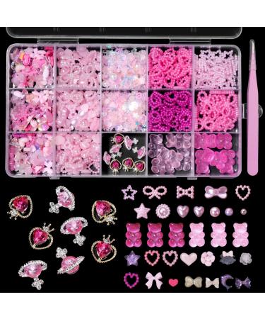 3D Pink Color Assorted Pearls Gems Nail Charms Heart Butterfly Bow Bear Nail Charms Star Bows Pearls Planet Nail Charms for Manicure DIY Crafts Jewel Accessories S3-pink