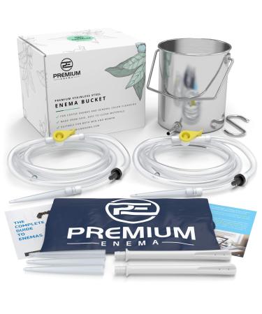 PE Stainless Steel Enema Bucket Kit. Suitable for Coffee and Water Colon Cleansing. 2 Litre Capacity, 2 x 6.75 Foot Long Hoses, 7 Tips. by Premium Enema