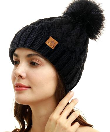 PAGE ONE Women's Winter Beanie Hat - Chunky Cable Knit Pompom Cap in Black - Buy Online on GoSupps.com