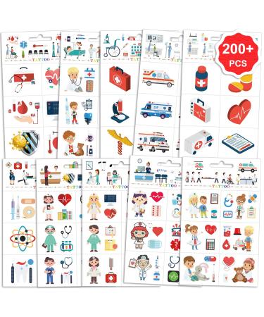 Konsait 200pcs Hospital Theme Temporary Tattoos  Ambulance Doctor Nurse Theme Fake Waterproof Tattoos for Kids Birthday Party Favor Boys Girls Cosplay Accessories School Education Theme Gift Reward