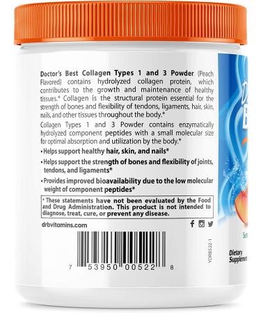 Doctorâ€™s Best Collagen Types 1 & 3 Powder - Peach Flavor, 8.1 oz | Supports Skin & Joint Health - Buy Online on GoSupps.com
