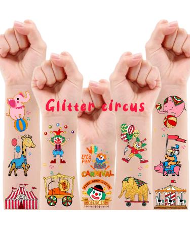 Partywind 32 Styles Circus Metallic Glitter Temporary Tattoos for Kids, Carnival Circus Theme Party Supplies Favors Decorations,Halloween Carnival Games Prize Goodie Bags (2 Sheets)