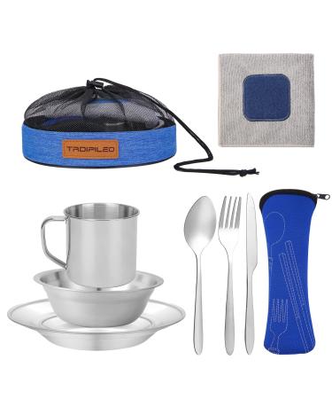 Camping Cutlery Set 8 Piece Stainless Steel Cutlery Set Including Cutlery Spoons Mug Bowls & Plates Rags Organizer Straps Easy to Carry for Backpacking Camping Hiking and Picnics Blue
