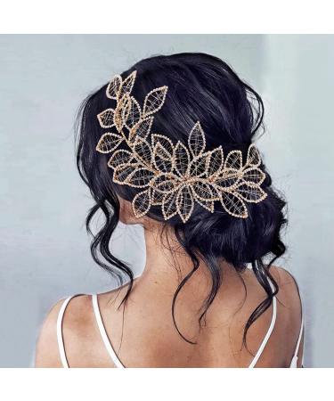 Eiaork Rhinestone Wedding Headpiece Leaf Bridal Headband Hair Vine Wedding Hair Accessories for Bride and Bridesmaids(Gold)