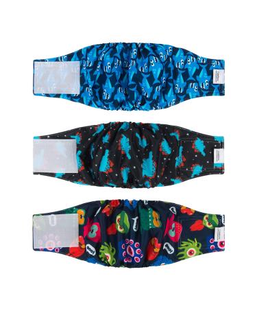 Cutebone male washable dog diapers belly bands 3 pieces reusable dog belly band for male high-suction dog wraps with flexible Velcro dm07s-de Hai & Dinos & Monster S (28-35.5cm)