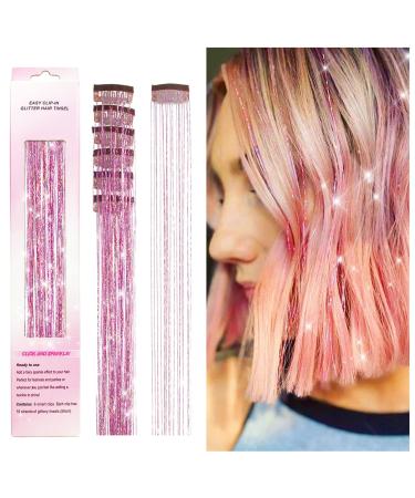 Clip in Hair Tinsel Kit POROLIR Pack of 6Pcs Glitter Fairy Tinsel Hair Extensions 20 Inch Shiny Hair Tinsel Heat Resistant Sparkly Strands Hair Accessories Festival Gift for Women Girls Kids (Glitter Pink) 20 Inch Gli...