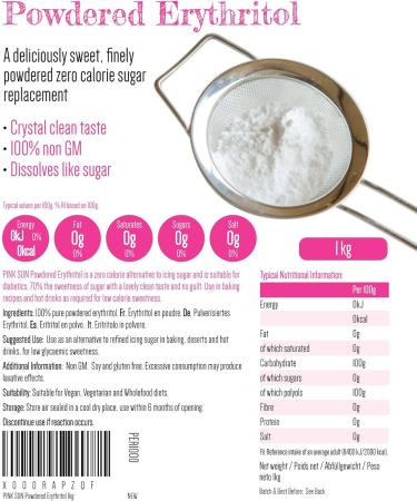 PINK SUN Erythritol Sweetener Powdered 1kg (or 2kg 3kg 5kg) Fine Powder Natural Icing Sugar Replacement Zero Calories Non GMO 1000G 1 kg (Pack of 1) - Buy Online on GoSupps.com