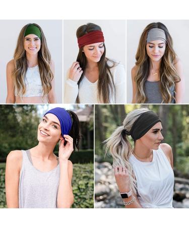 6 Pieces Women's Elastic Yoga Headbands - Sweat-Wicking Boho Hair Bands for Workout and Running - Black, Dark Blue, Light Grey, Khaki, Atrovirens, Wine Red - Buy Online on GoSupps.com