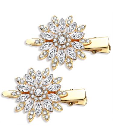 Crystal Hair Clips Large Sparkle Rhinestone Flower Design Alligator Metal Clip Non-Slip Floral Duckbill Hairpins Bling French Fancy Hair Barrettes for women Girls Hair Jewelry Accessories Gold
