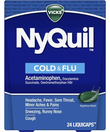 Vicks NyQuil Cough Cold & Flu Nighttime Relief - 24 LiquiCaps | Pharmacist Recommended Sore Throat, Fever, and Congestion Relief - Buy Online on GoSupps.com