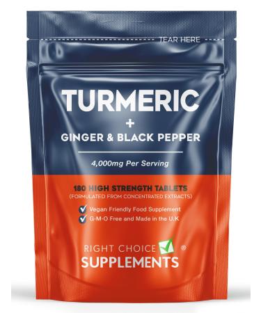 Turmeric Tablets 2400mg with Black Pepper & Ginger | 180 High Strength Curcumin Supplements | Turmeric and Black Pepper Tablets (Not Turmeric Capsules or Powder) | Vegan and Gluten Free | UK Made