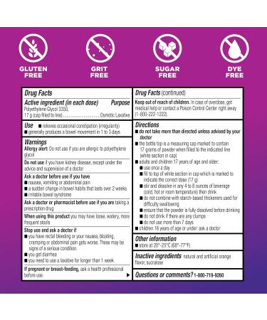 Amazon Basic Care ClearLax Polyethylene Glycol 3350 Powder for Solution, Orange Flavor, Osmotic Laxative, Stool Softener, Relieves Occasional Constipation, 8.3 ounce (Pack of 1) - Buy Online on GoSupps.com
