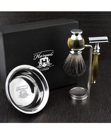 Simulated Horn and Nickel 4 Pieces Men's Shaving Set with De Safety Razor(Blades Not Included) Razor & Black Synthetic Hair Brush Newly Designed by HARYALI LONDON