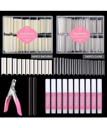 480PCS Extra Long C Curve Nail Tips and Glue, 2 Packs Natural and Clear Acrylic Nail Tips for Acrylic Nails Professional Set, 12 Sizes Artificial XXL Long Straight Square French False Nail Tips 480PCS Natural & Clear Squar