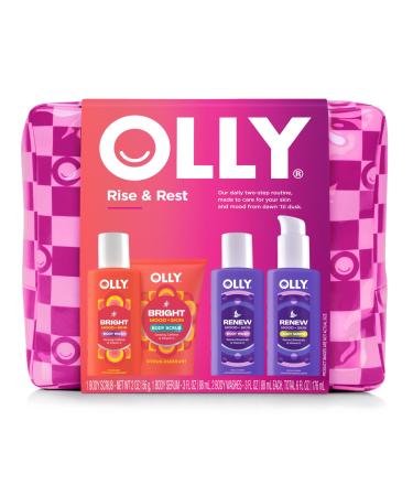 OLLY Rest & Rise Body Care Set Day & Night Regimen 2 Body Washes + Body Serum Lotion + Scrub With Vitamin D Retinol Botanicals & Vitamin C Nourishing Hydrating 4 count