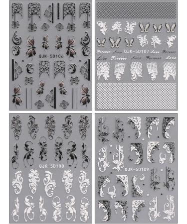 JMEOWIO 3D Embossed Black White Flower Nail Art Stickers Decals Self-Adhesive 5D Line Leaves Nail Supplies Nail Art Design Decoration Accessories 4 Sheets - Buy Online on GoSupps.com