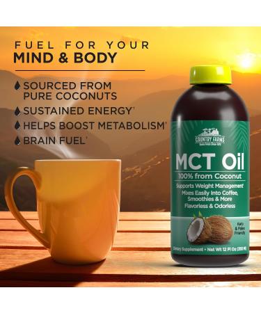 COUNTRY FARMS MCT Oil, Brain and Body Fuel from Coconuts*, Promotes Natural Energy, Keto and Paleo Friendly, Flavorless and Odorless, Non-GMO, 12 Fl Oz - Buy Online on GoSupps.com