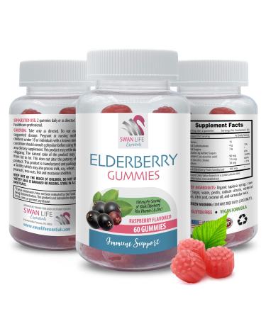 All-Natural Gluten-Free - Elderberry Gummies - Vegan - Powerful Immune Support - Raspberry Flavor - GMP-Certified Black Elderberry with Vitamin C Natural Antioxidants 1 Bottle 60 Gummies